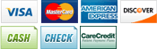 We accept Visa, MasterCard, American Express, Discover, Cash, Check and Care Credit.